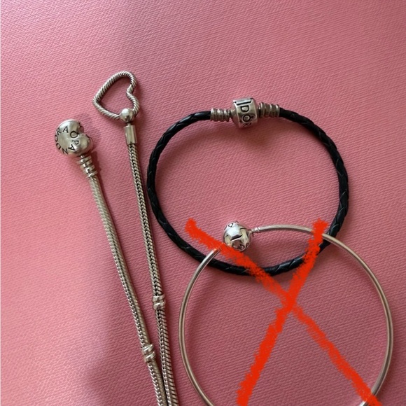 3 Pandora Moments Sterling Silver Bracelet Bundle Heart Clasp Leather Set - Picture 2 of 11